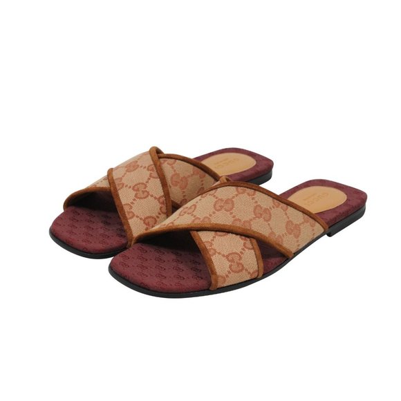 Gucci Women Senior Ruggine Cross Strap Sandals 36.5 US6.5 Red Brown Canvas Slide - Picture 3 of 9